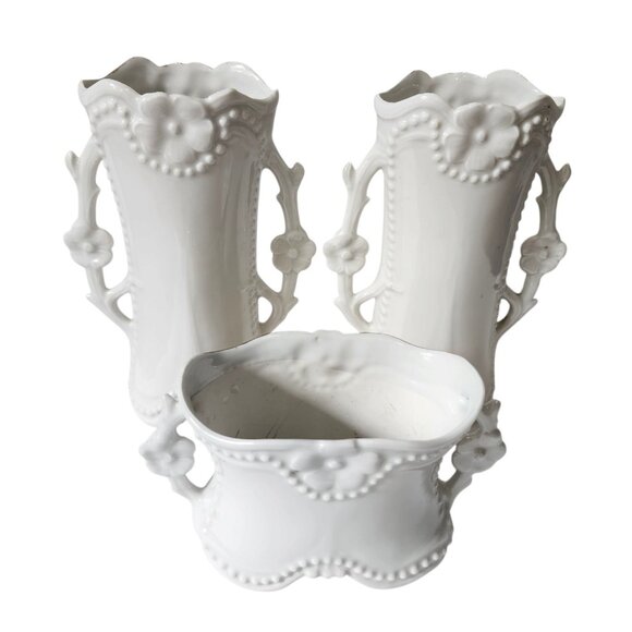 Antique German Art Nouveau Vase Set Hand Painted Floral‎ Gold Trim 1890s - 1930s - Picture 2 of 16